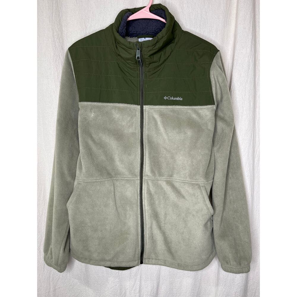 Columbia Army Green Fleece Two Tone Quilted Granola Gorpcore Outdoors Jacket L